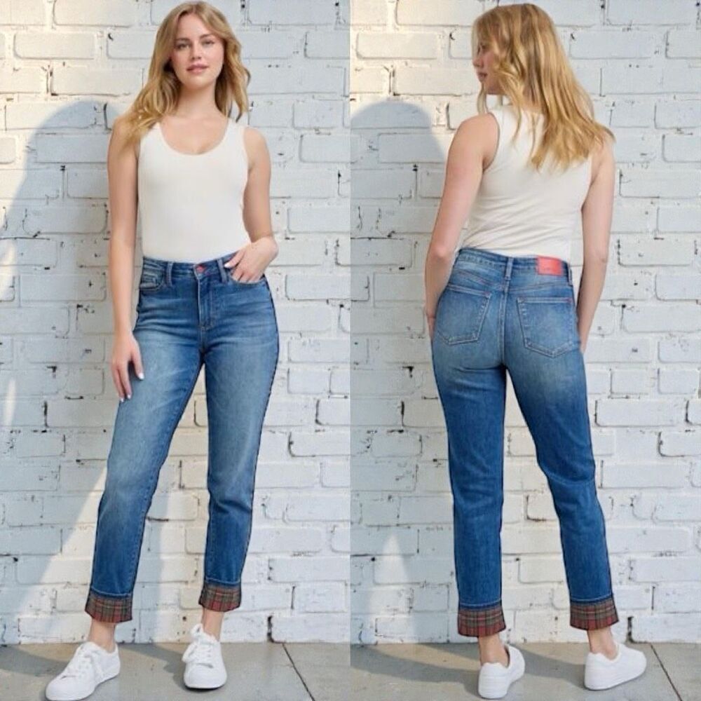 Judy Blue Buffalo Plaid Cuff Straight Leg Jeans Mid Rise Size 13/31 NWT - Picture 4 of 16
